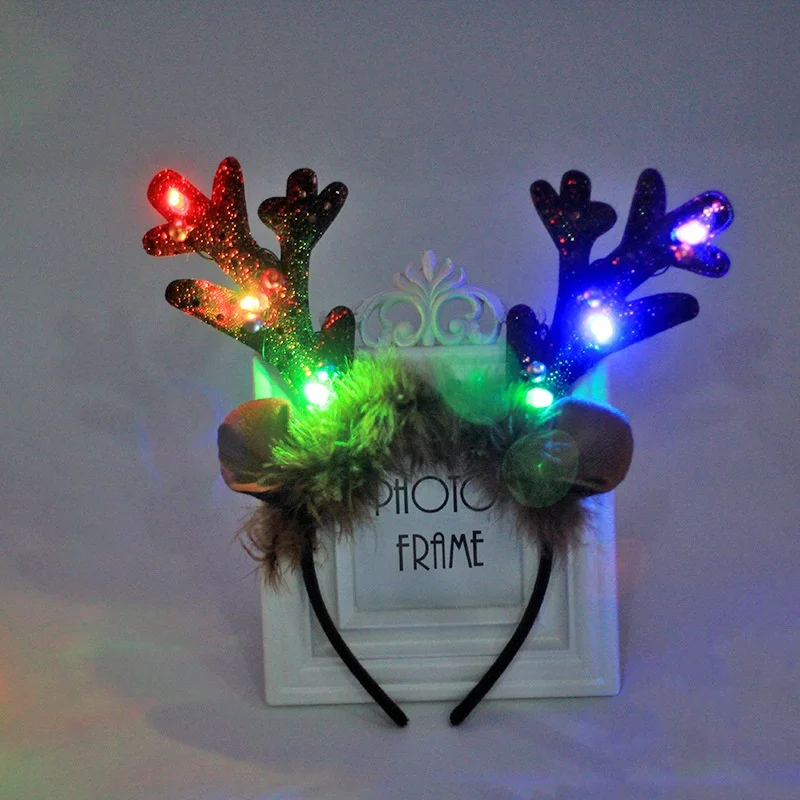 BSCI SJ0469 Latest colorful led long deer horn hairbands green sequin fabric lighting Christmas headbands