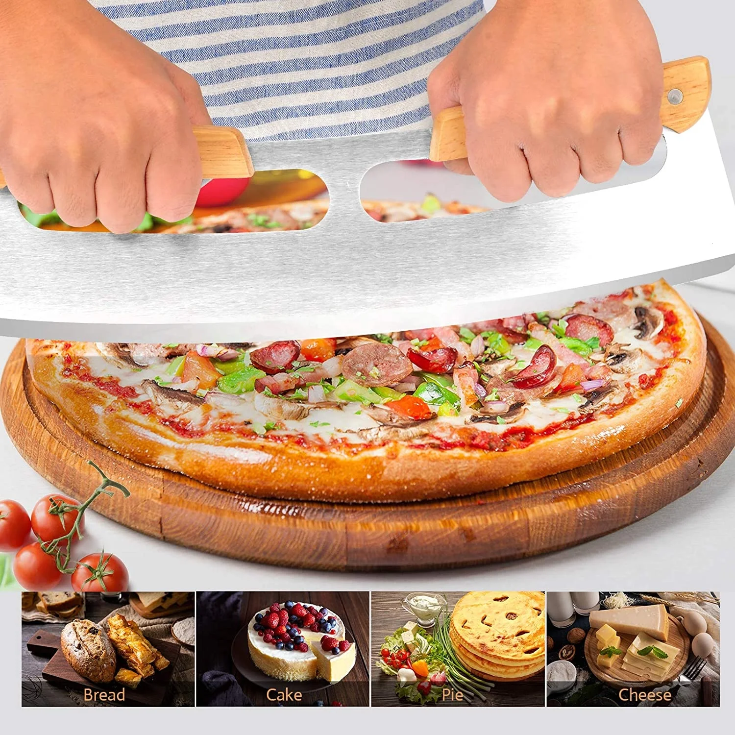 Custom Sharp Blade Stainless Steel Big Pizza Knife Cutter 14 inch Pizza Cutter Rocker cortador de pizza with Wooden Handles