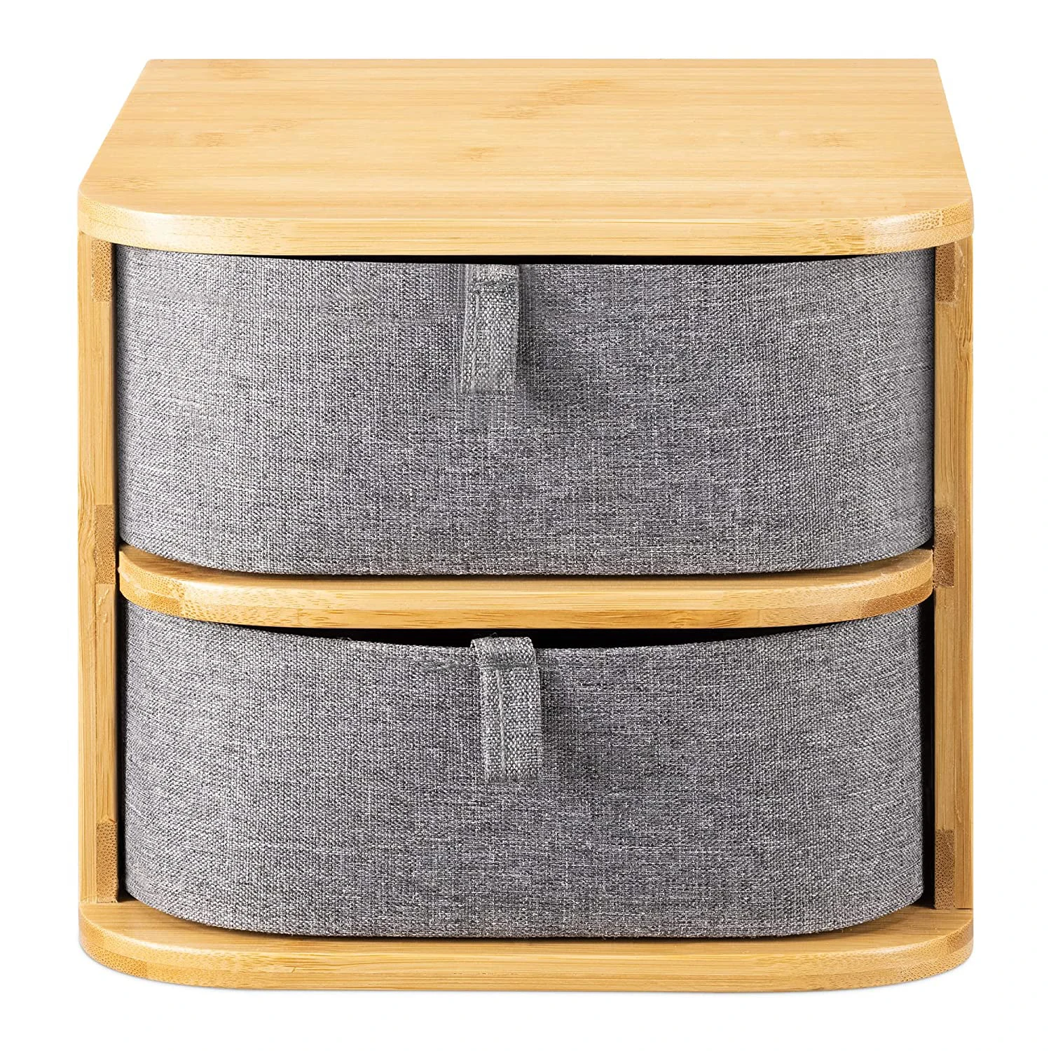 Bamboo Organizer And Gray Fabric Trays 2-Tier Drawer Unit For Bathroom Vanity Table Makeup Storage Drawers