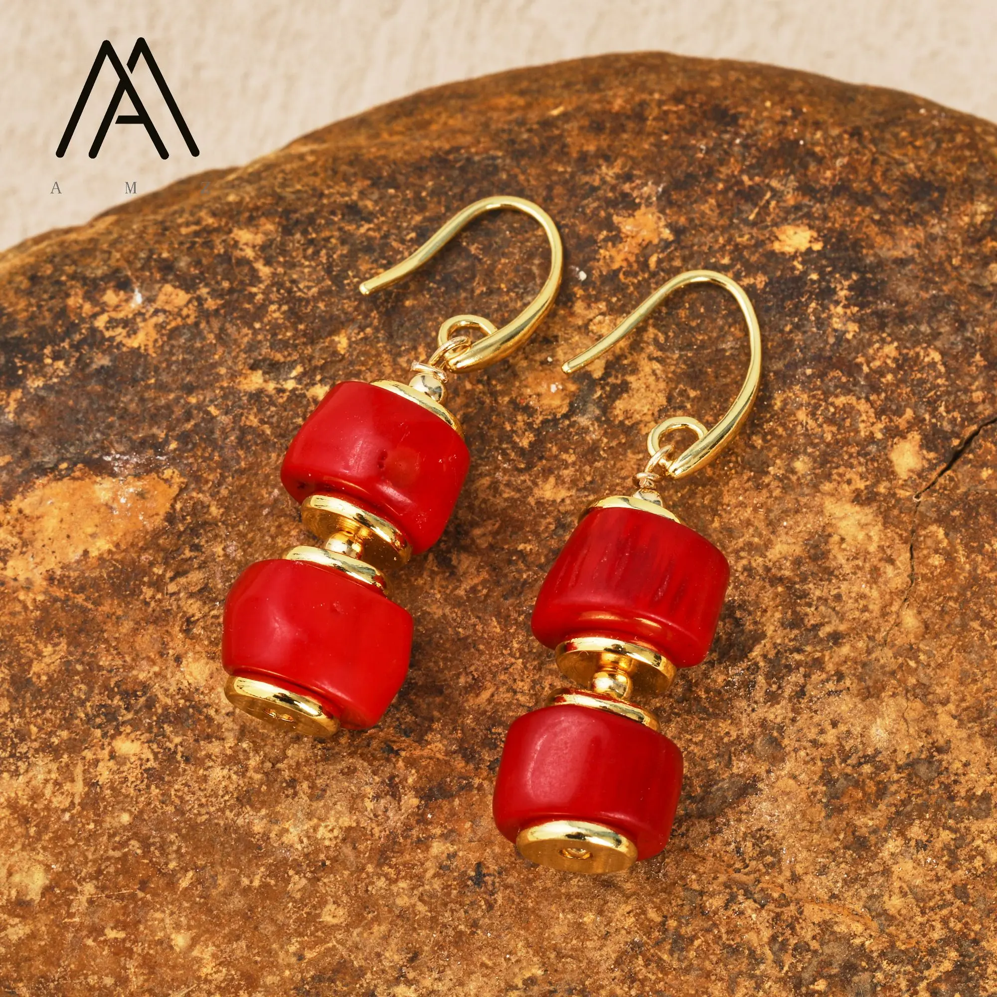 Natural Red Coral Drop Earrings for Women Fashionable Vintage Design with Gold Plating for Parties