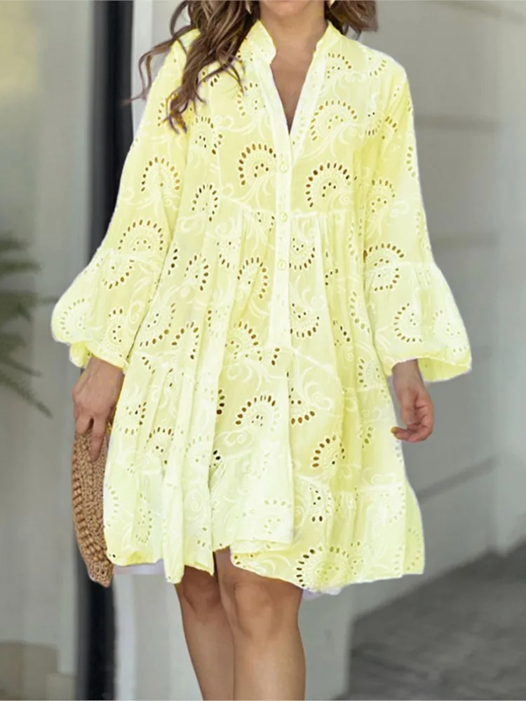 Custom Logo Fashion Summer Spring Ladies Casual V-Neck Loose Embroidered Hollow Out Lace Sexy Shirt Dress Women Skirt