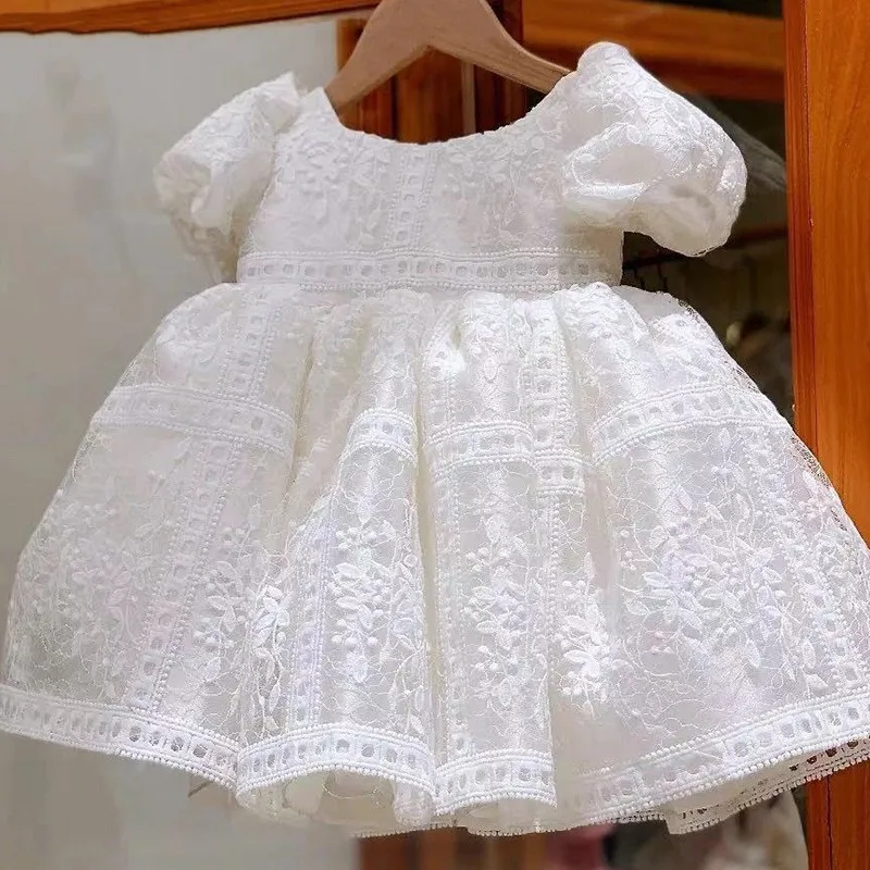 Newly Arrived  Lace White Christening Dress For Baby Girl  Backless Girls Dresses 2-12 Children Clothing