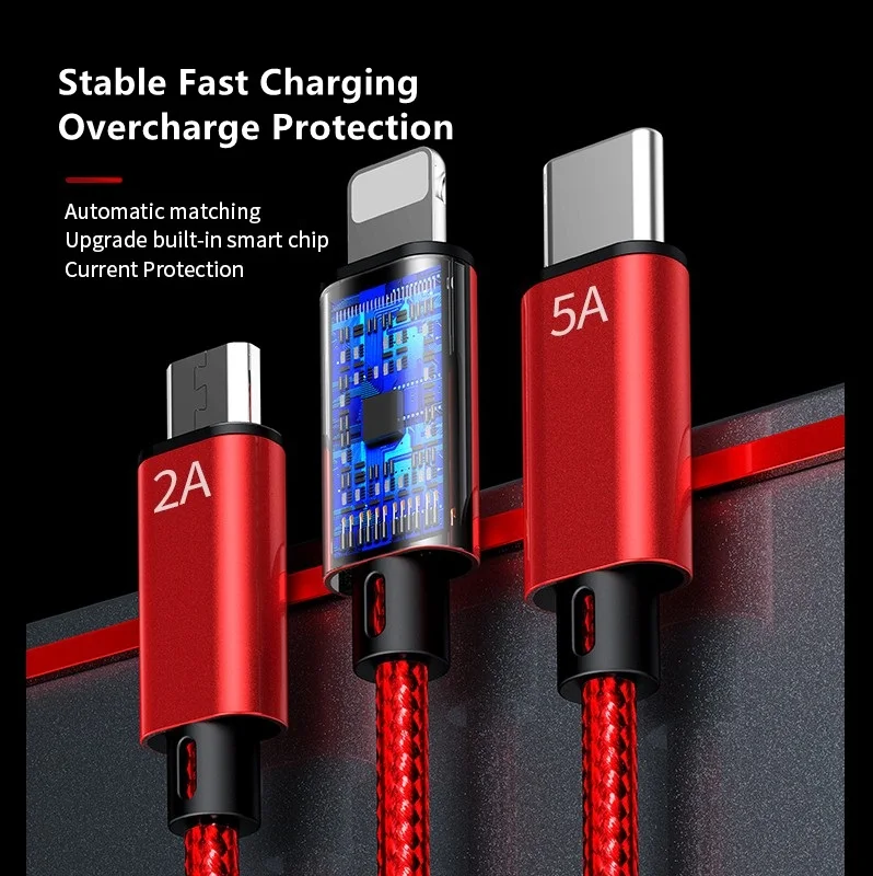 
3B2A 5A Fast Charging Usb Cable Nylon Braided Mobile Cell Smart Phone Charger Flexible Cable 3 In 1 For iPhone Type C Android 