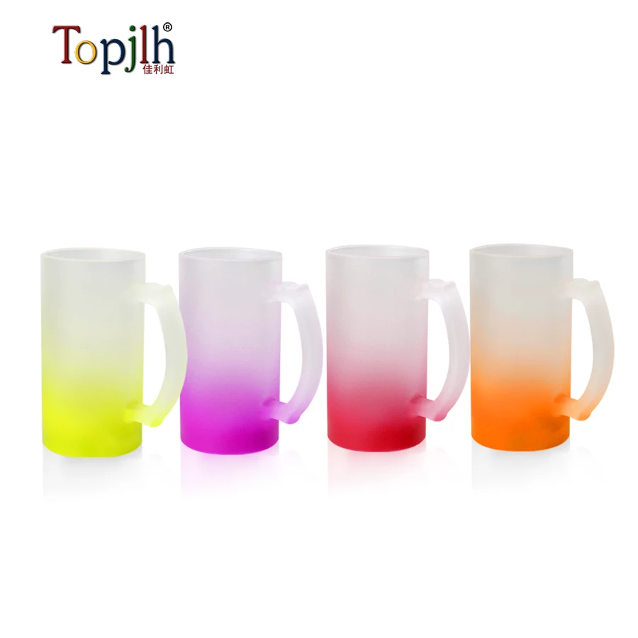 Topjlh 16oz Sublimation Glass Beer Water mug Bottle Gradient Rainbow Colorful Frosted glass with handle Customized Printing