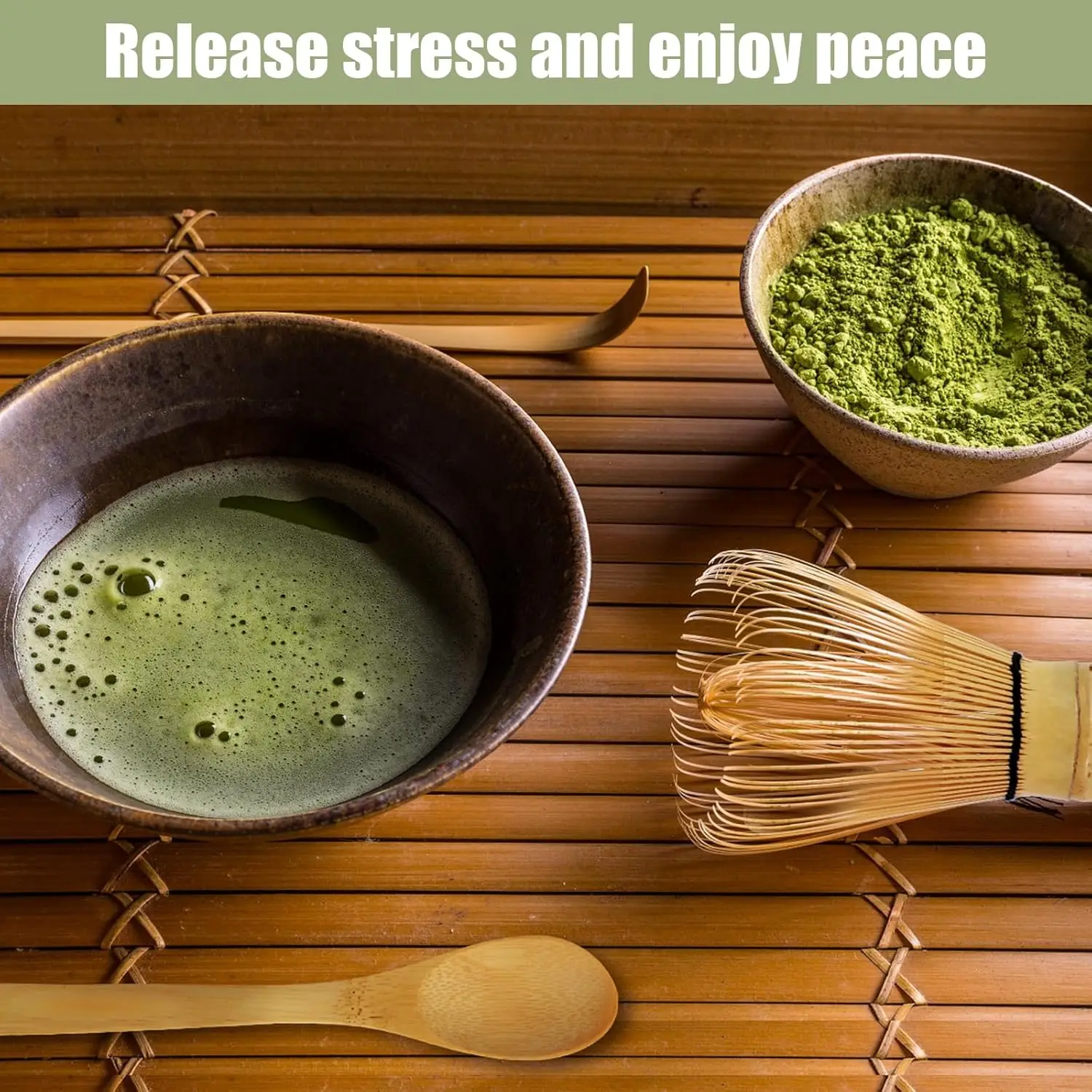 Bamboo Matcha Whisk Traditional Scoop (Chashaku), Tea Spoon. the Perfect Set to Prepare a Cup of Japanese Matcha Tea