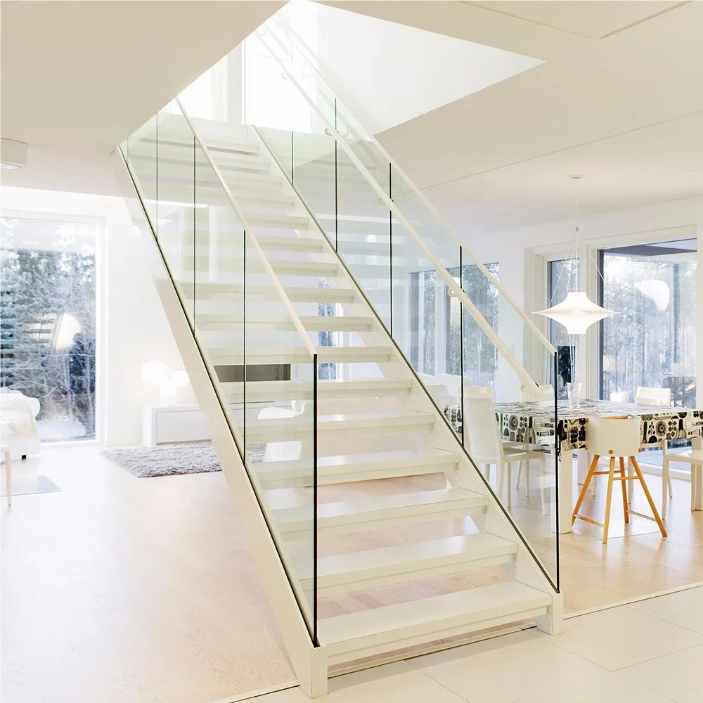 Competitive Price Solid wood Red Oak Tread  Wood Beam Handrail Glass Railing For Stair Indoor Stairway Steel Plate Staircase