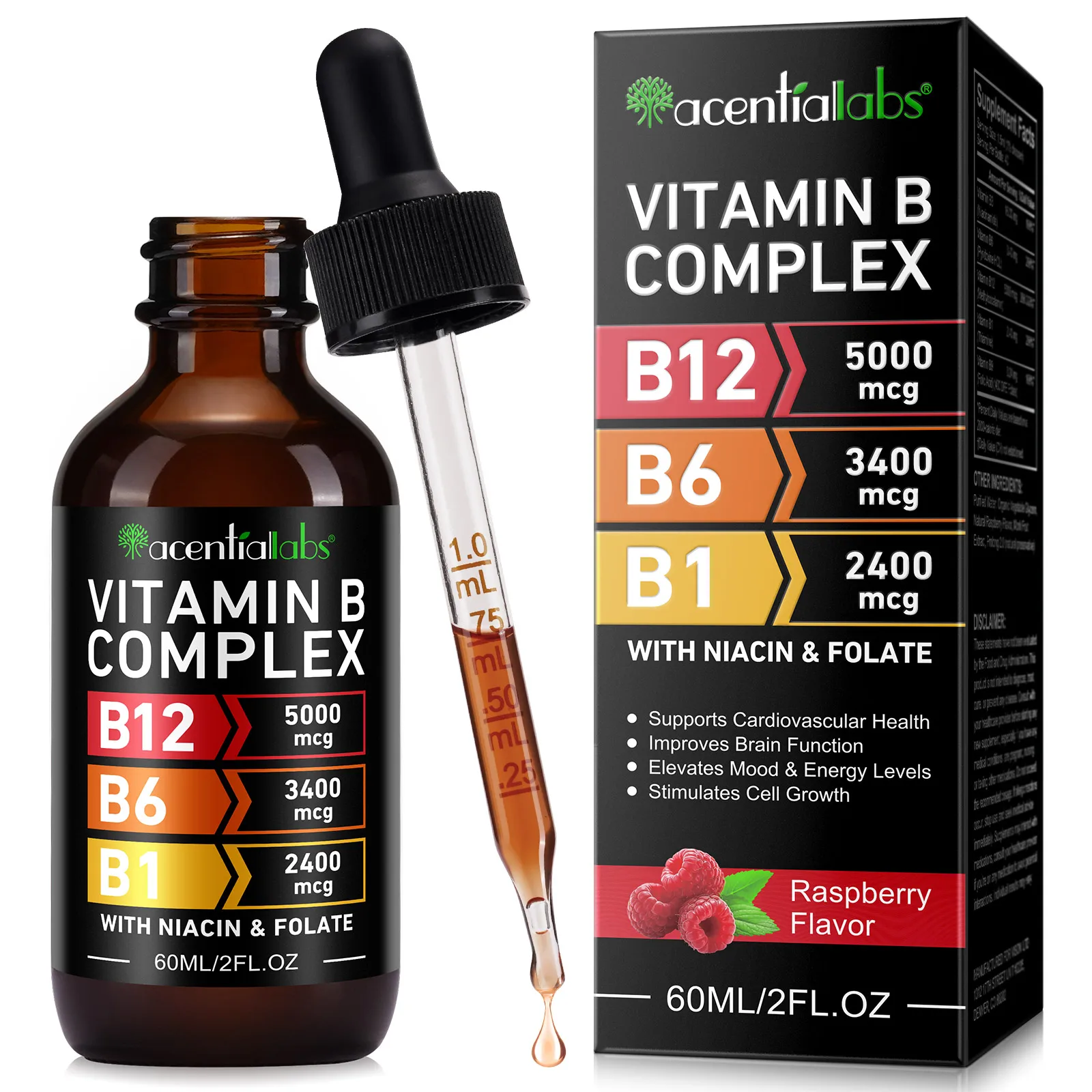 Acentiallabs raspberry flavor vitamines b12 b6 b1 niacin folate 60ml vitamin b supplements vitamin b complex liquid drops