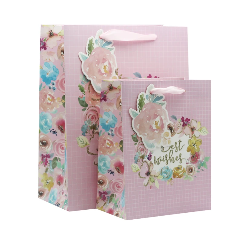 Hongxi OEM Flower Sheer Retail Wide Luxury Printed Purple Floral Small White Black Daily Mini Gift Bag Custom Logo With Bow knot