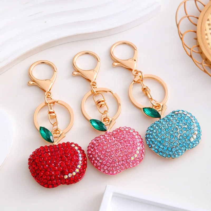 Creative High-Grade Rhinestone Keychain for bag car good quality cute Apple Car Pendant Fruit keychain factory