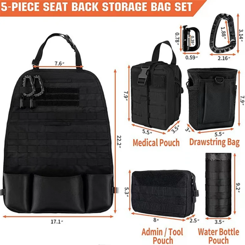 Tactical Molle Vehicle Panel Outdoor Self-driving Hunting Car Seat Cover Backseat Organizer with 4 Detachable Molle Pouch