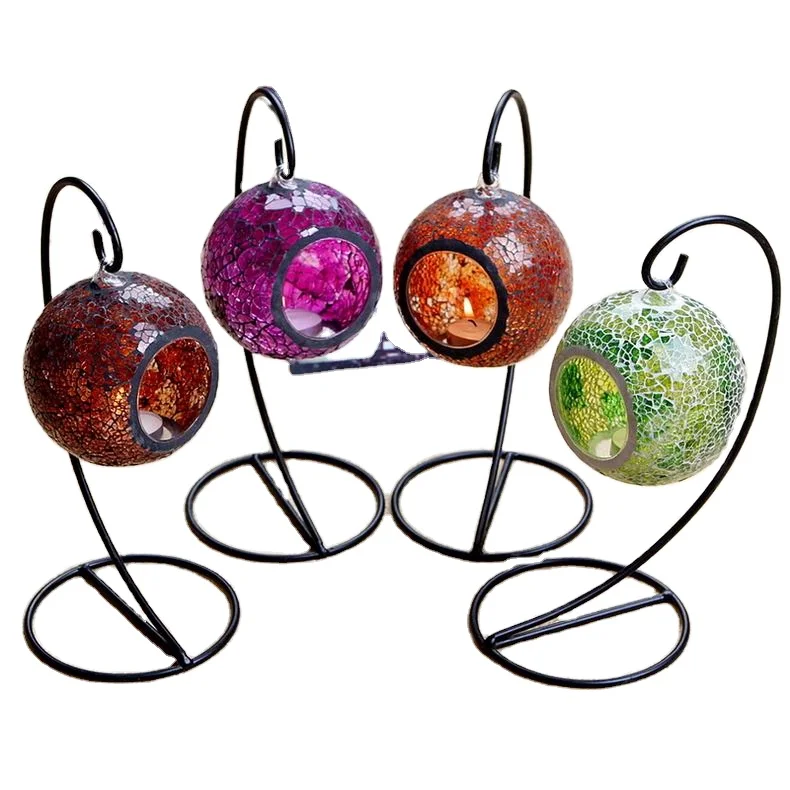 Metal Lantern Decor Wedding Hanging Storm Candle Mosaic glass Holder