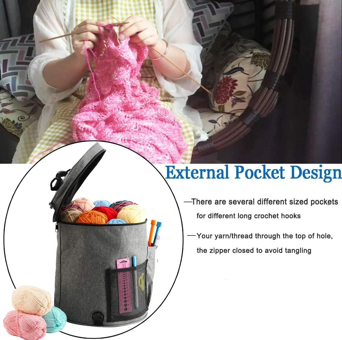 Large Capacity Portable Yarn Storage Knitting Tote Organizer Bag With Pockets for Crochet Hooks & Knitting Needles