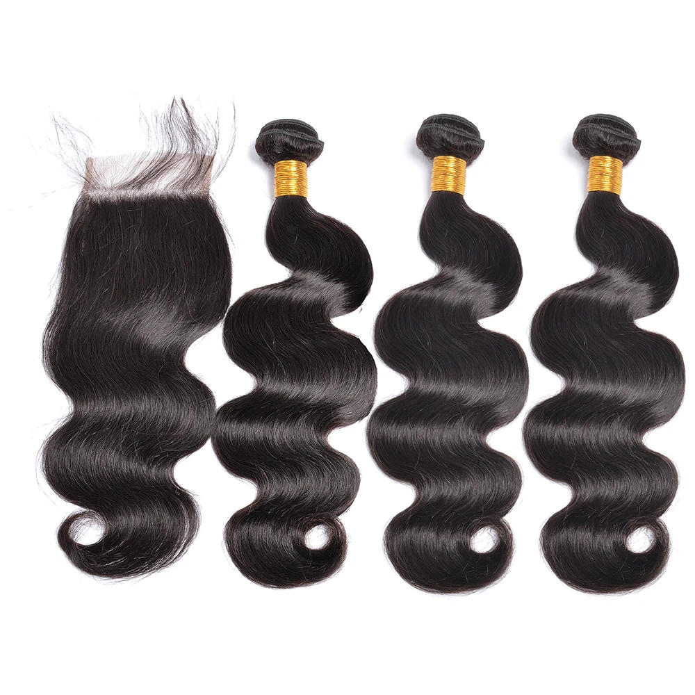 100 Unprocessed Virgin Indian Human Hair Bundles With Body Wave Lace Closure