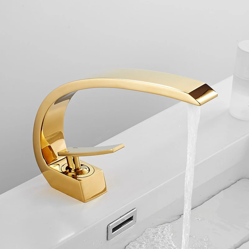 Golden plated copper faucet C shape design hot and cold faucet for bathroom Single Handle Hot Cold Waterfall Basin Faucet