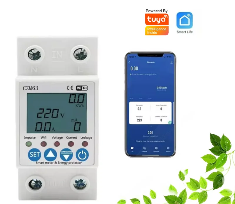 MCB63A TUYA APP WiFi Smart Circuit Earth Leakage Over Under Voltage Protector Relay Device Switch Breaker Energy Power kWh Meter
