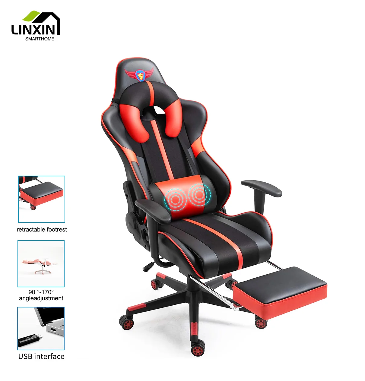 High Quality Luxury rgb Racing Computer Pink and Black 180 Degrees Reclining Gaming Chair with Footrest and massage Pillow