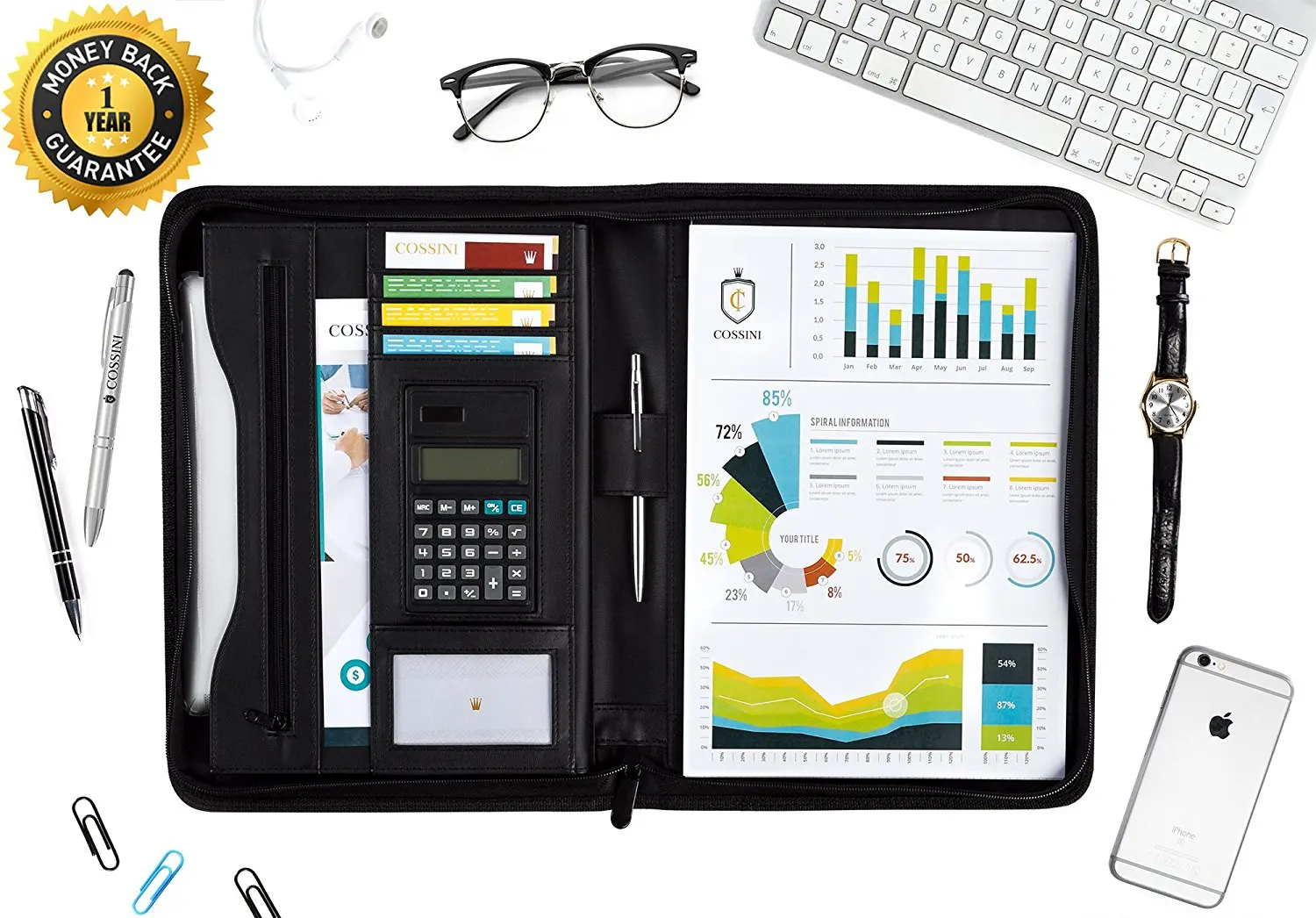 PU Leather Business Portfolio/Padfolio with Zippered Closure and Interior Tablet Sleeve