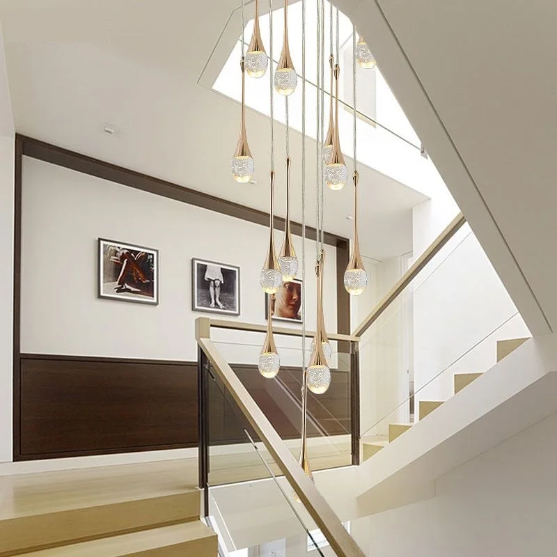 Modern simple long gold raindrop crystal chandelier pendant lamp for duplex villa staircase living room