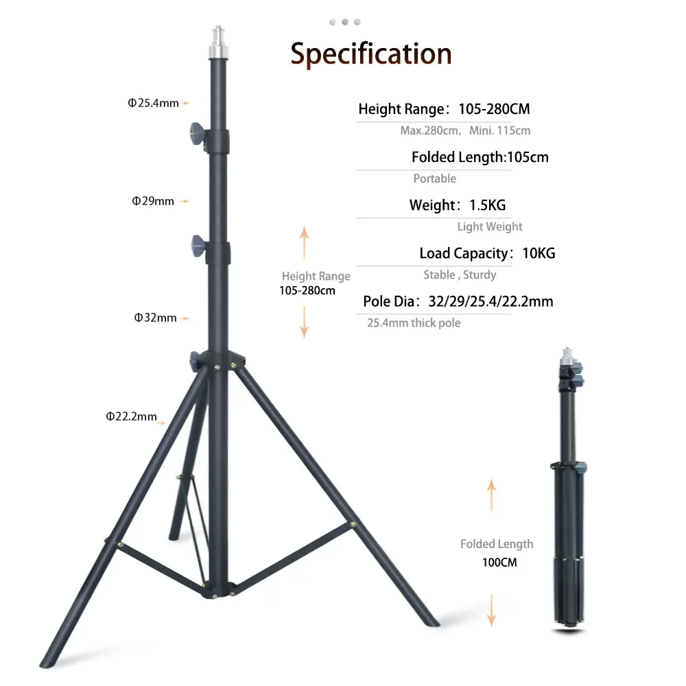 Portable high-quality 2.8m photography light bracket accepts private label accessories