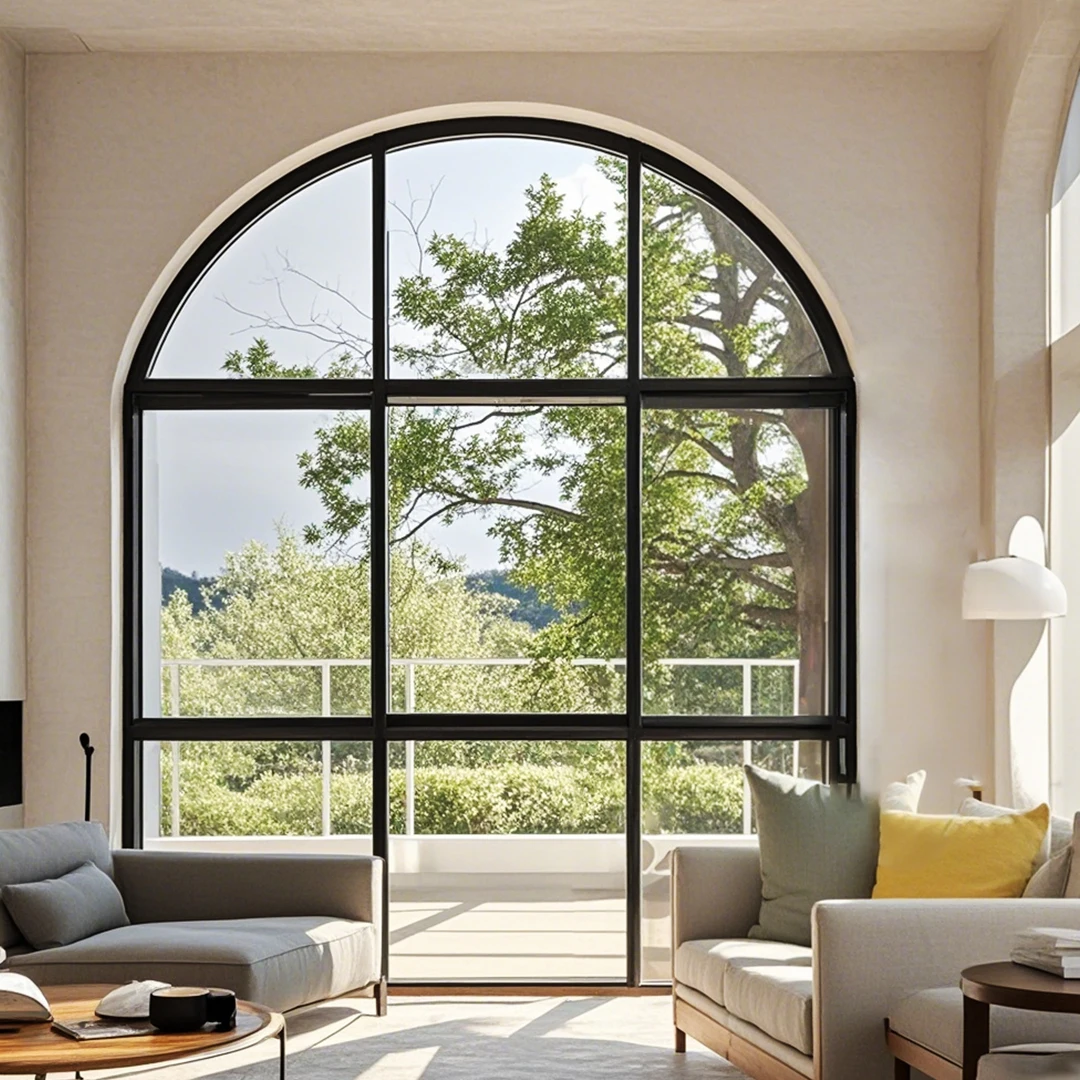 LEDOW Modern Horizontal Aluminum Glazing Glass Windows Special Shape Black Germany Fixed Fiberglass Screen Netting Wooden Frame