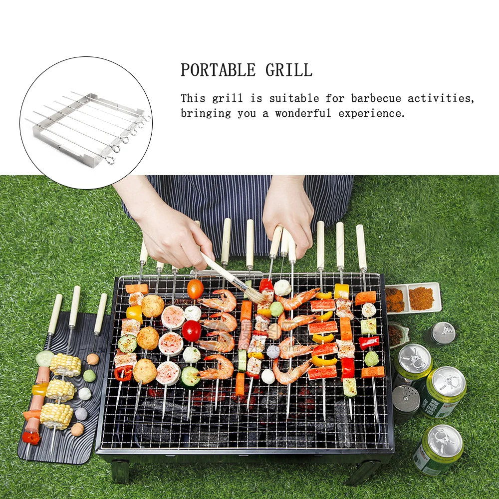 Barbecue Skewers Stainless Steel Foldable Bbq Grill Skewers Shish Kabob Set with Foldable Large Grill Rack