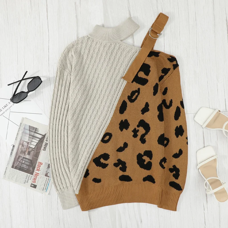 Hot Sale Fall 2022 Women Clothes Long Sleeve Asymmetrical Leopard Crochet Design Ugly Sweater Women