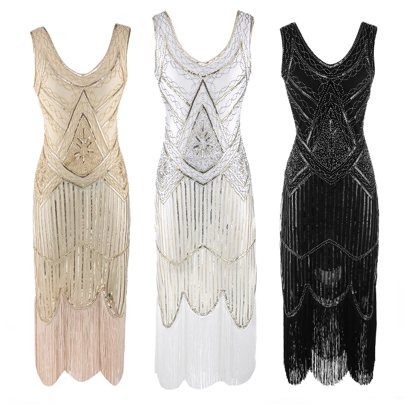 Plus Size 1920s Vintage Fringed Gatsby Sequin Beaded Tassels Hem Flapper Dress for Women