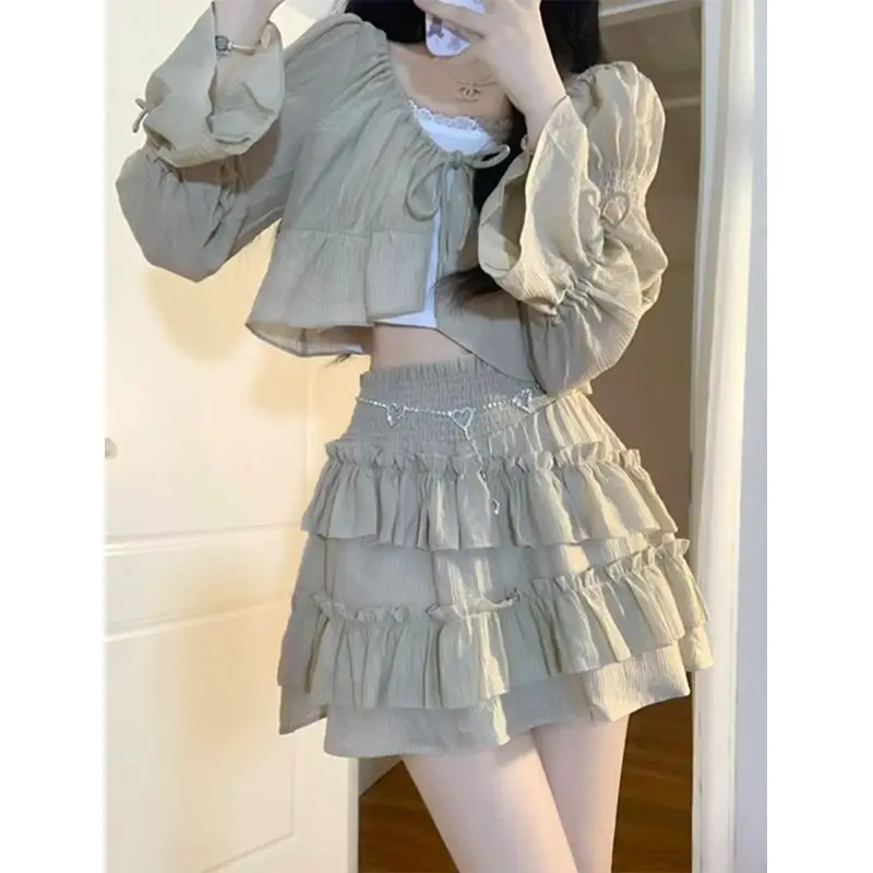 2024 Spring 3 Pieces Skirt Set Women Y2k Crop Tops T-shirt + Cake Skirts Japanese Kawaii Fashion Suits Chic Outwear Korean