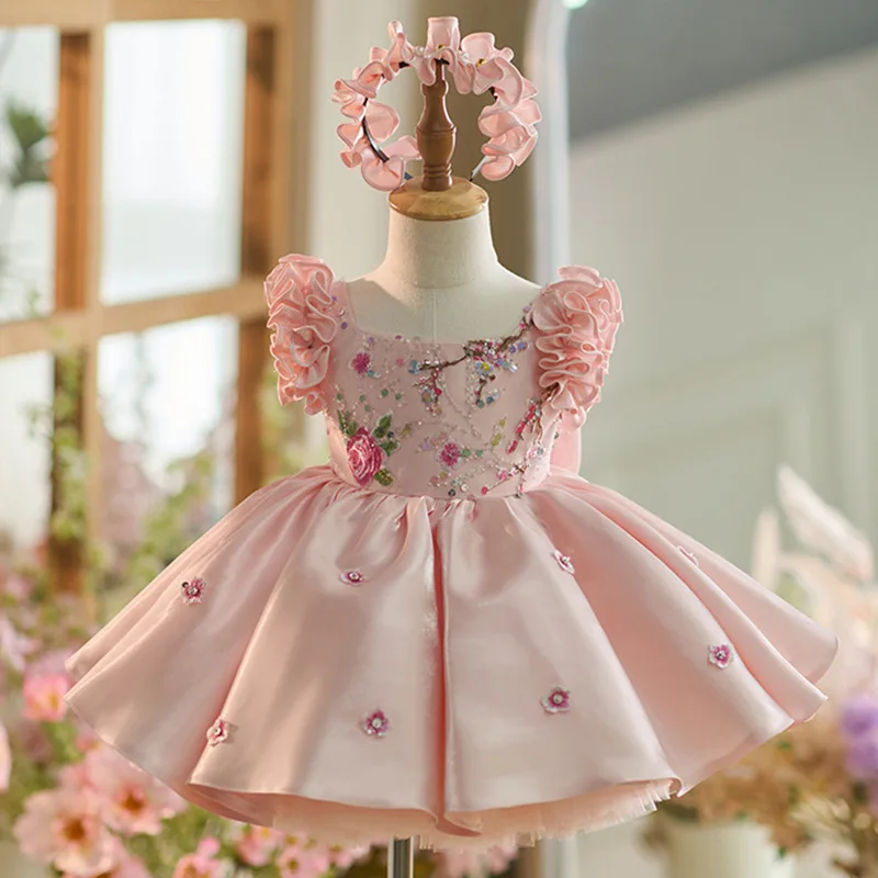 2024 Newest Princess Pink Elegant Prom Gown Kids Embroidery Birthday Party Dress Baby Girls Puffy Dresses For Girls 10 Years