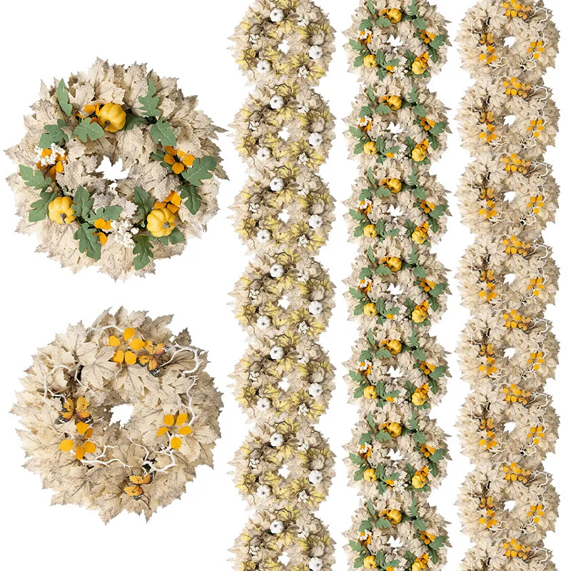 Hot Sale Cheap Artificial Ivy Vines Leaves Autumn Maple Garland Pumpkin Pine Cone Harvest Wreath for Autumn Decor