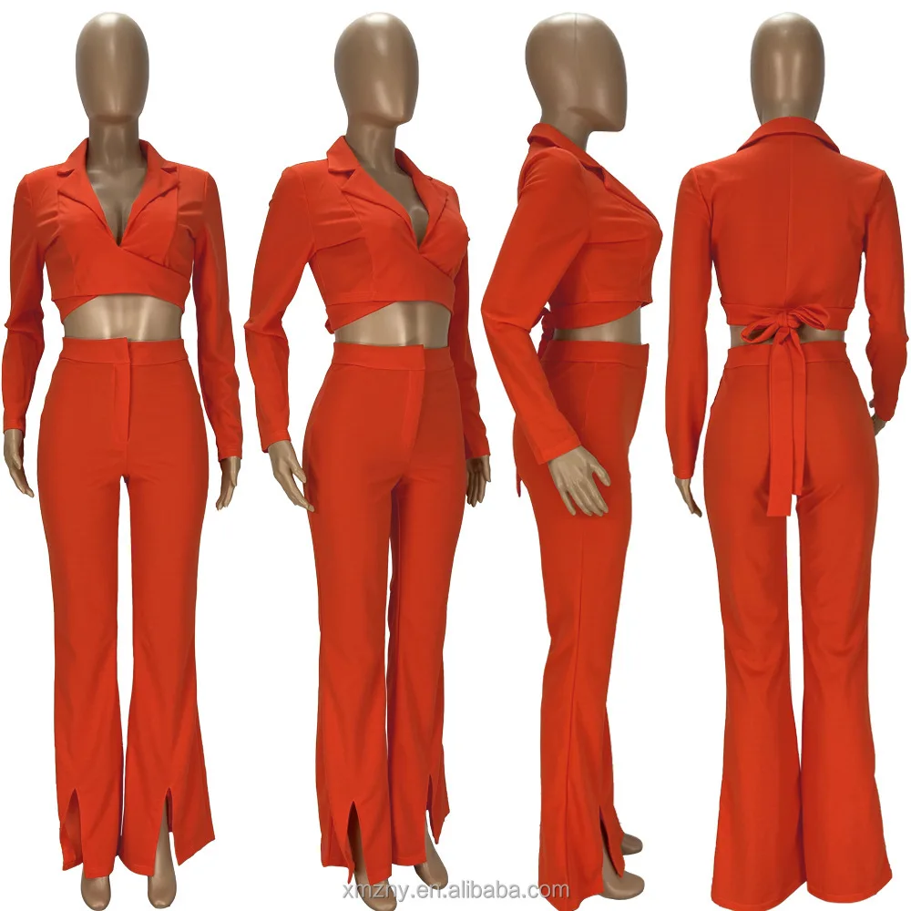 Fall 2022 Solid Blazers And Pants Two Piece Set Cross Straps Top Split Wide Leg Pants Two Piece Set Women Casual Clothing