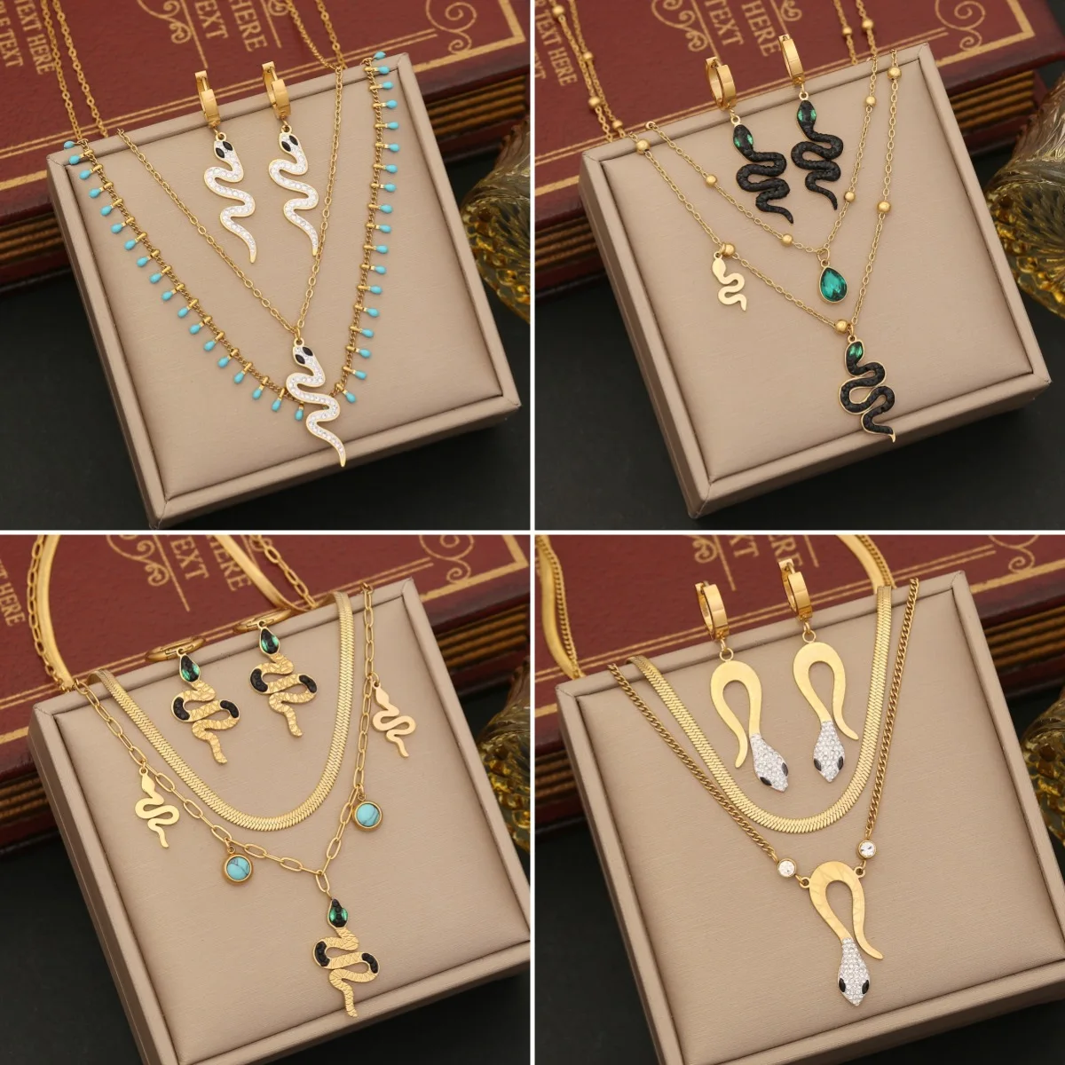 New 2 Pcs Non Tarnish Stainless Steel Jewelry Set Necklace Earrings 18k Gold Plated Snake Set For Women