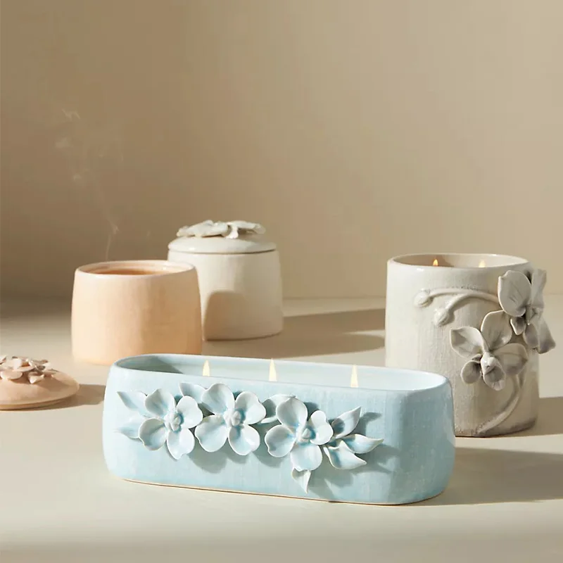 Hot Sale Popular Modern Nordic Style  Massage Ceramic Candle Jar Aromather with 3D Flower by handmade
