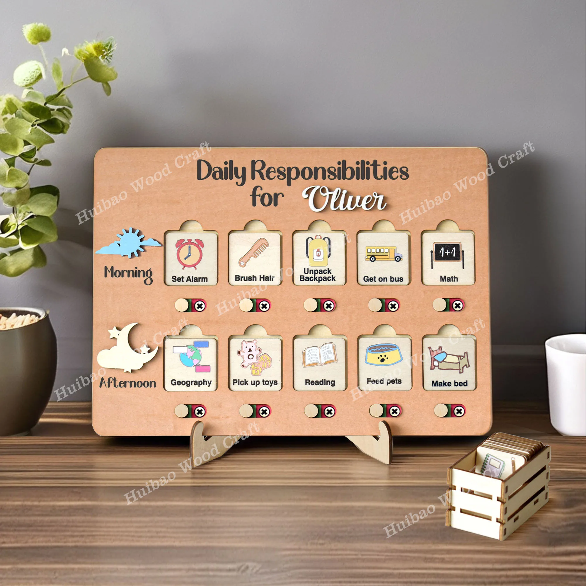 Reusable Daily Routine Organizer Board Interactive Chore Weekly Household Task Chart Wood Kids Responsibility Tracking