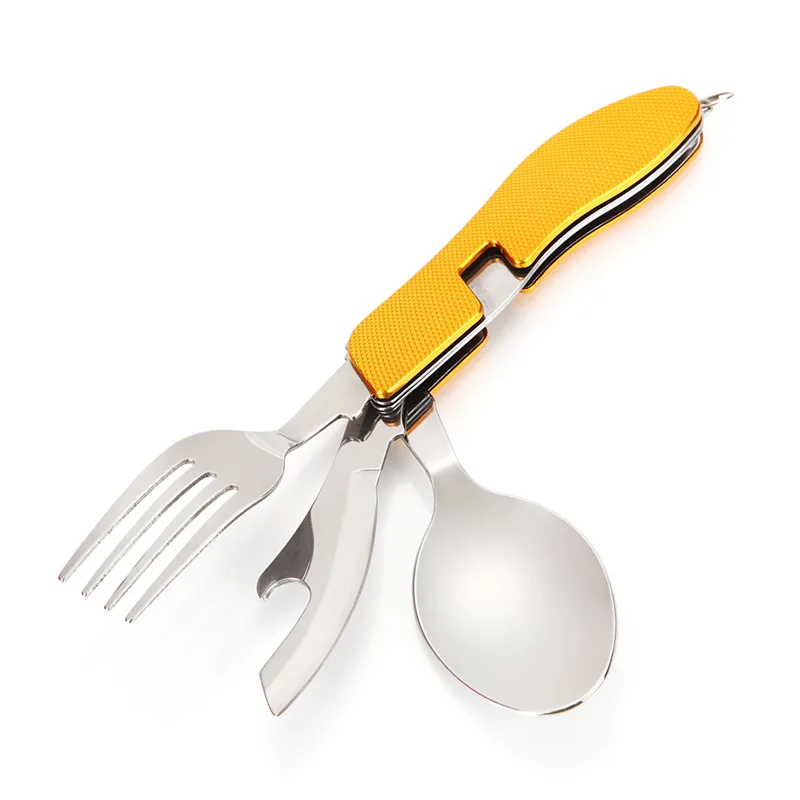 Kongbo Detachable Camping Utensils Cutlery Set Portable 4 in 1 Stainless Steel Travel Foldable Knife Fork Spoon Bottle Opener