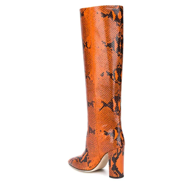 
Pointed Toe Thick High Heel Large Size Knee-length Boots Snake Print PU Boots OEM Sexy One-step Boots 