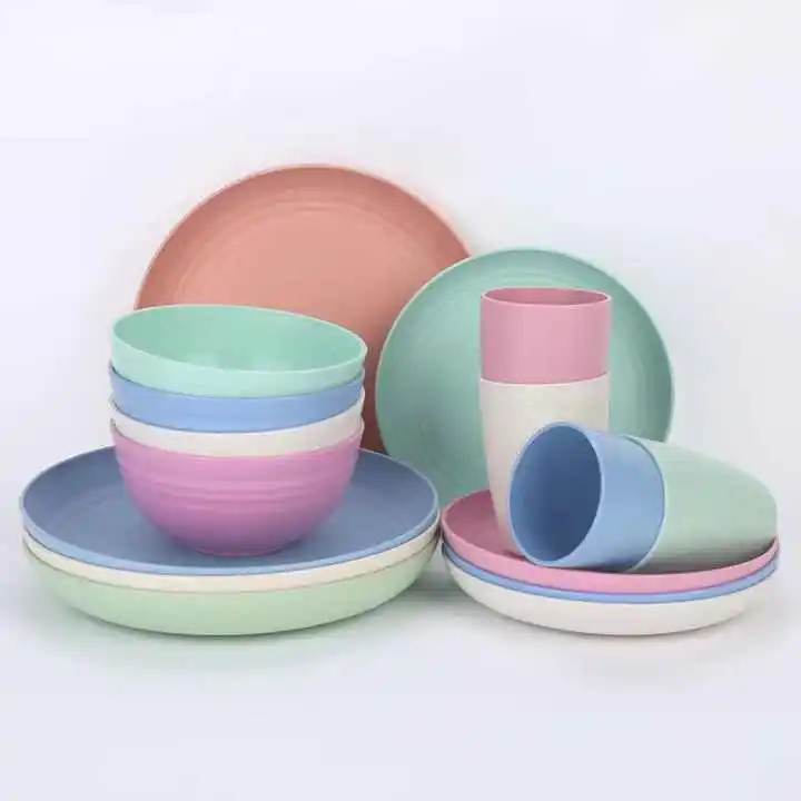 Hot Selling 12pcs/set Biodegradable Wheat Straw Plate Bowl Water Cup Environment-friendly Reusable Tableware Camping Rice 10