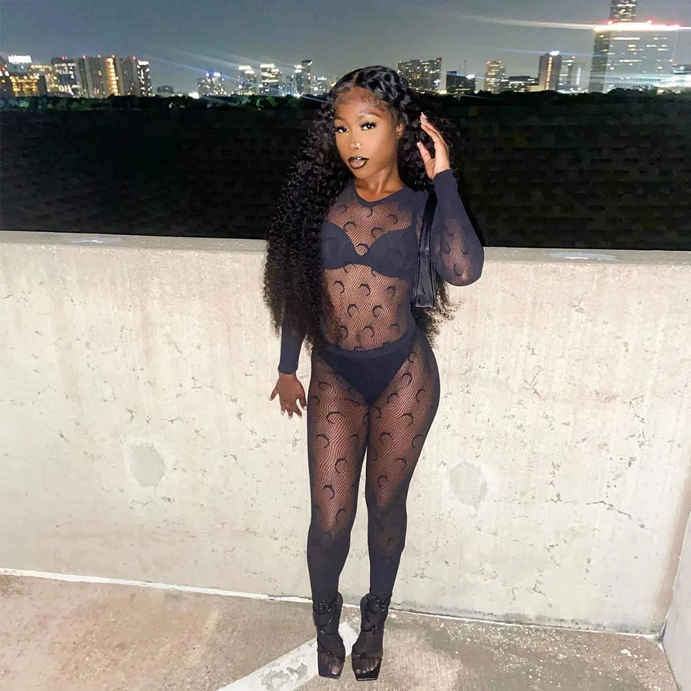 Sexy Moon Pattern Lace Mesh Romper See Through Long Sleeve Black Jumpsuit