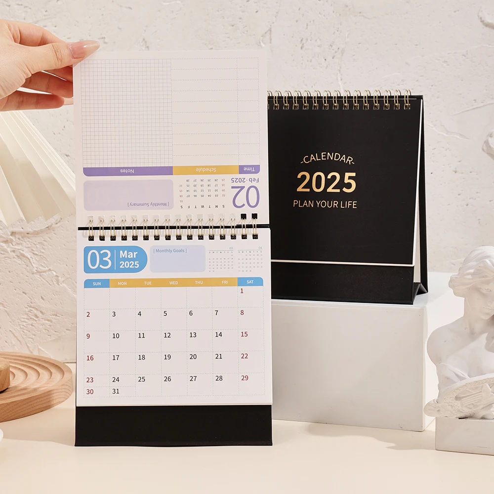Imoda 2025 Black/Pink Small Desk Calendar Flip Stand Metal Ring Binding With Stickers Monthly Calendar Home School Office