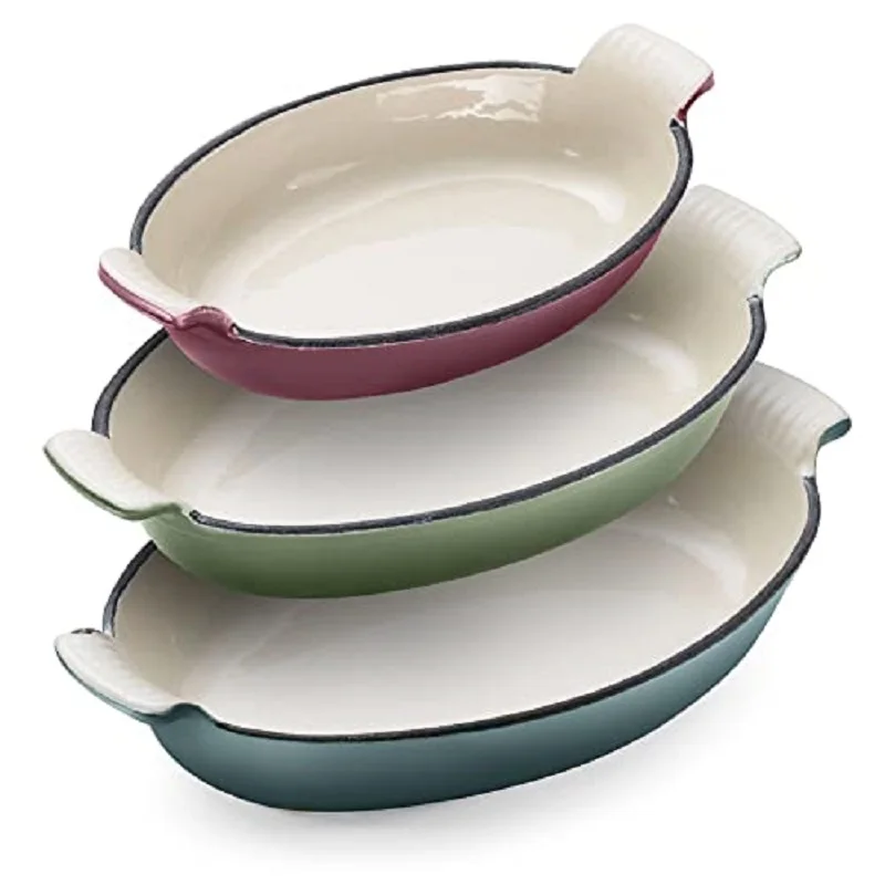 Customize Bakeware 15/20/30cm Enamelled Fish Shaped Cast Iron Baking Pan Cookware And Bakeware Set With Nonstick Coating