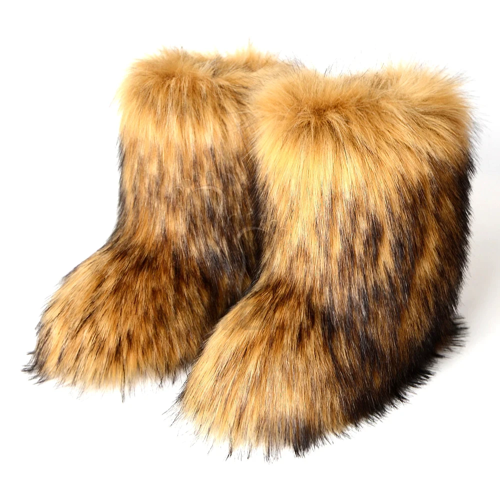 Botas Winter Faux Fur Boots Wholesale Fake Raccoon Fur Mujer for Women 2024 Ladies Adult Plush Winter Shoes for Men Unisex Midi