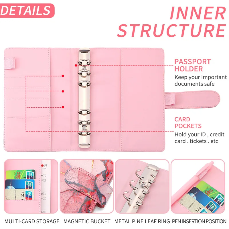 Factory fast delivery A6 Marble 6 Ring Binder Binding Leather Cash Money Budget Binder Planner refillable binder notebook