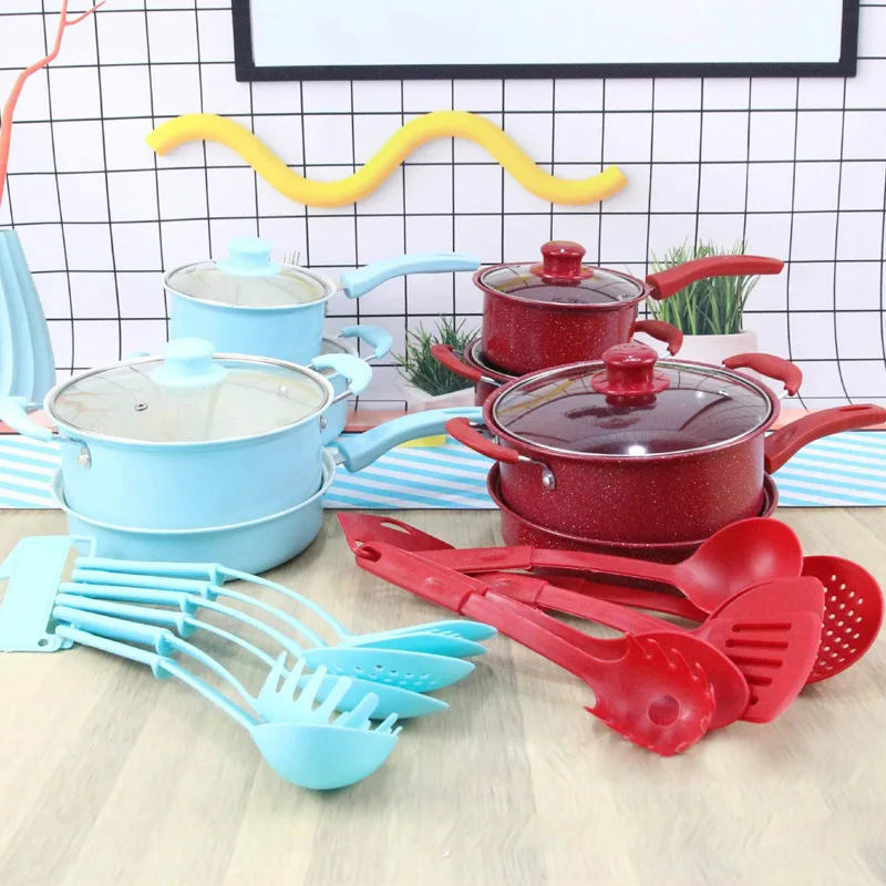 Factory high quality gift cast iron Non Stick Multiple colors Kitchen utensils frying pan soup stock pot cookware Set