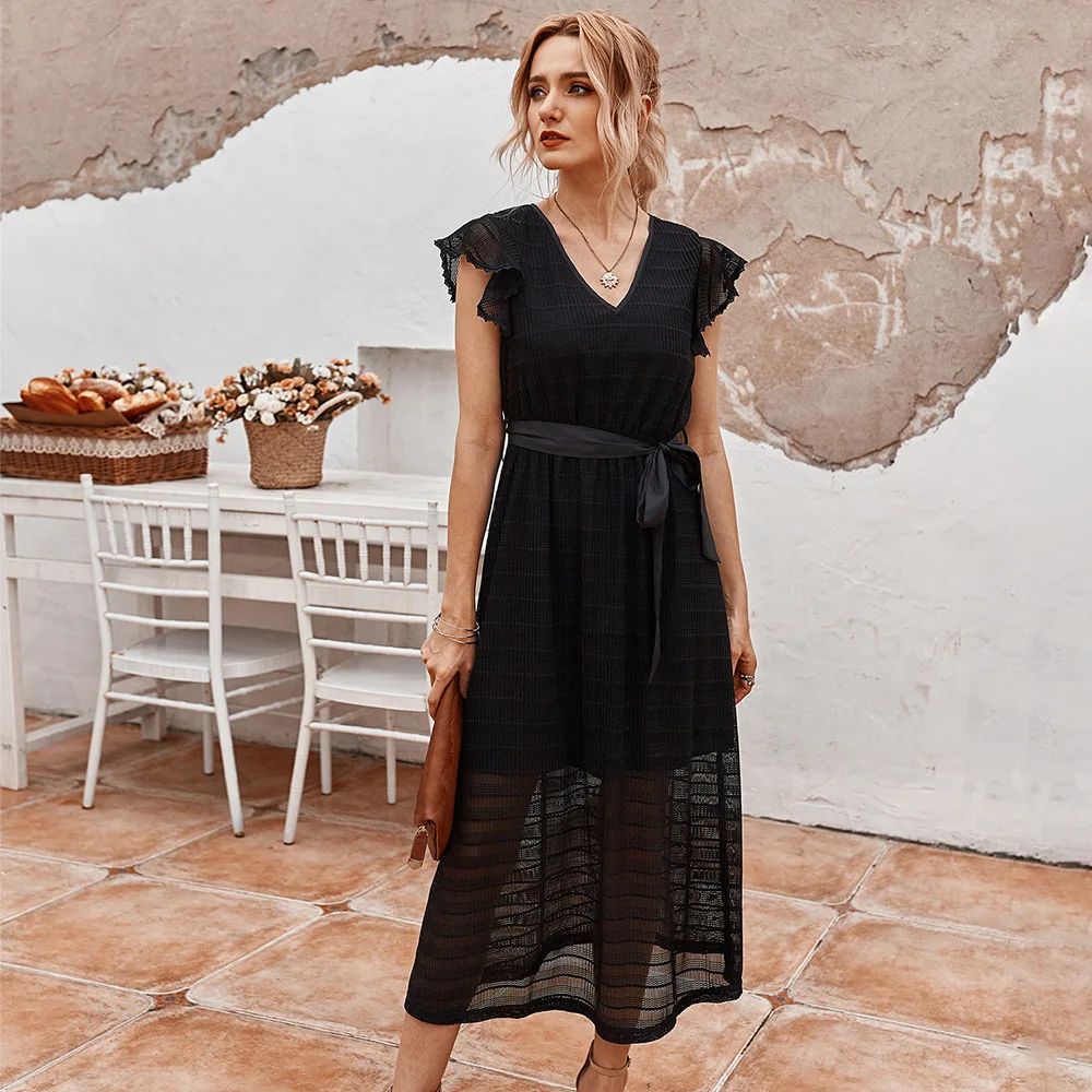 
Office Lady Casual Women Ruffles Maxi Black Hollow Out Lace Career Dresses 