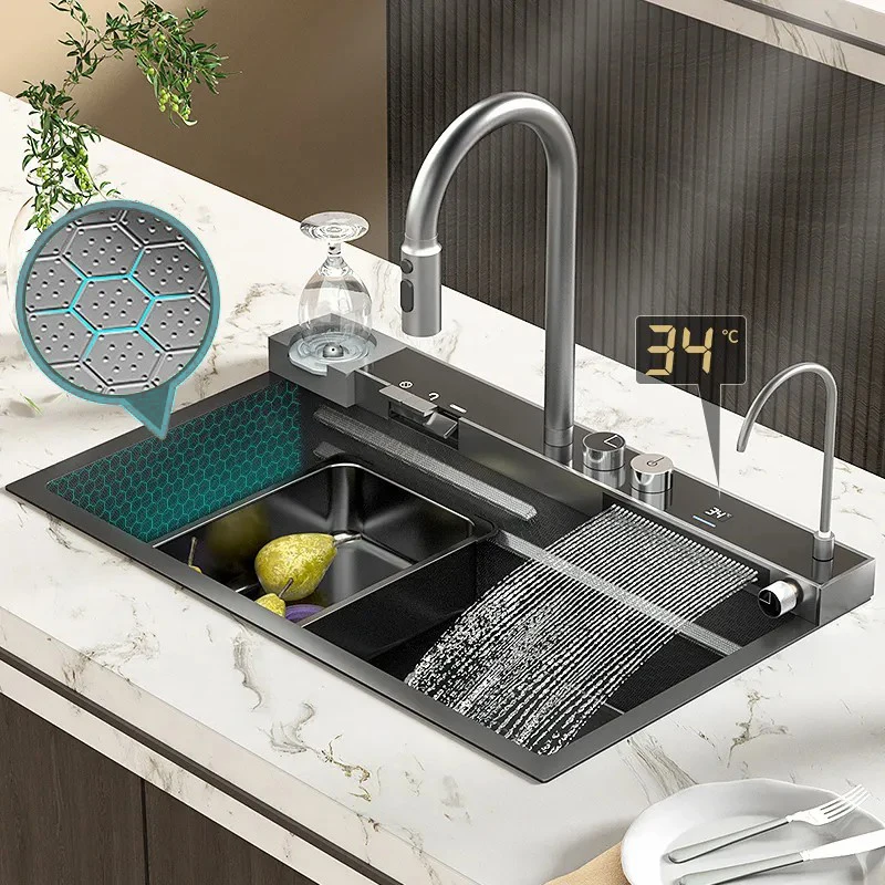 Multifunction 304 Stainless Steel waterfall rainfall faucet kitchen LED Digital Display faucet Flying Waterfall Kitchen Sink set