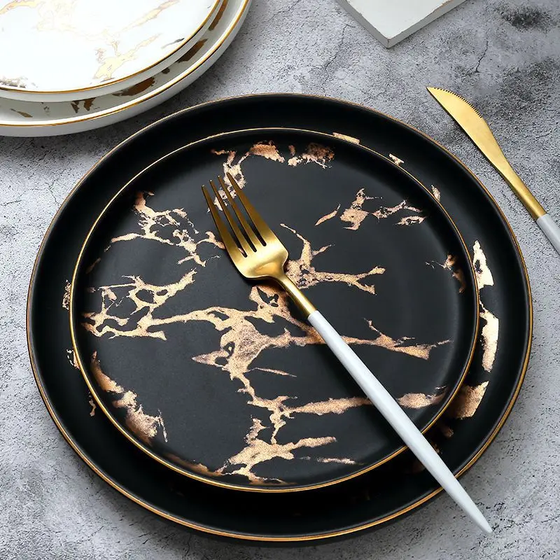 Wholesale Tableware Nordic Style Black Marble Design Dishes Round Ceramic Plates Sets Porcelain Dinnerware Flat Restaurant Plate