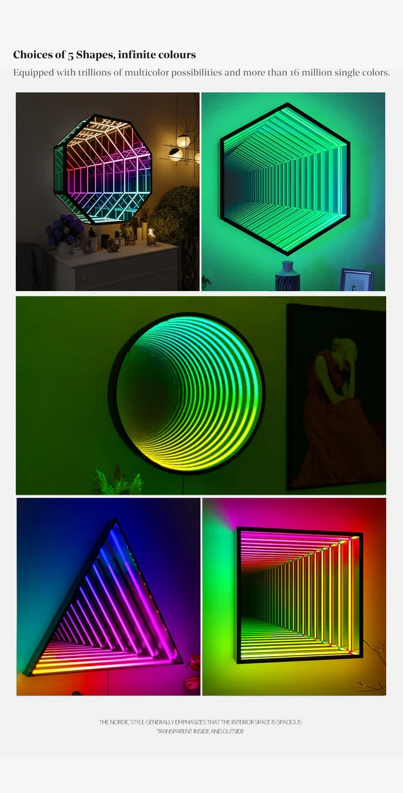 Infinity Triangle Mirror LED Wall Lamp Geometric RGB Colour Changing Wall Decor Endless Magical Lighting, Holographic Portal