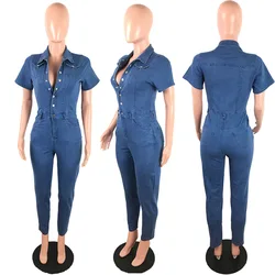 D2323 Amazon Product High Quality Popular Summer Casual Solid Color Short Sleeve Long Jeans Buttons Women Denim Jumpsuit