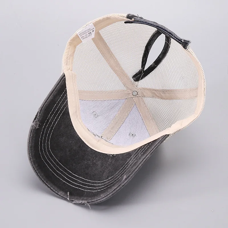 Embroidery Aztec High Pony Baseball Hat Mesh Hat Washed Cotton Distressed Baseball Cap Ponytail Hats Sunhat Custom Logo