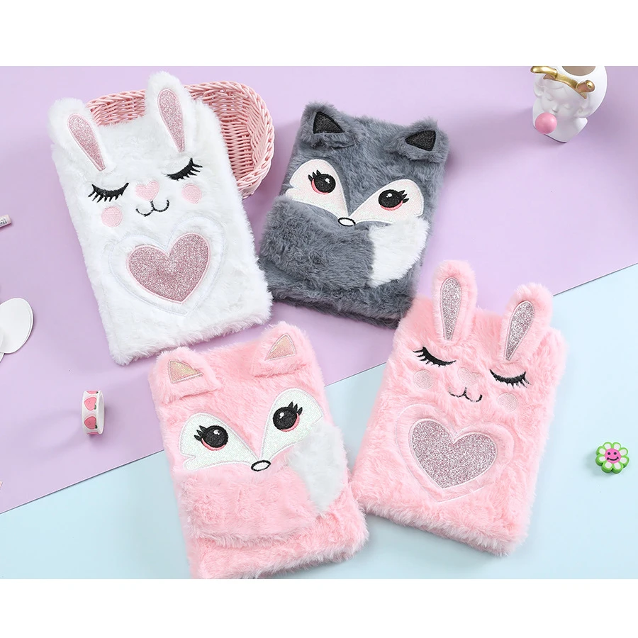 Writing Drawing Journal Diary Notepad A5 Cute Soft Animal Cat Fox Rabbit Face Plush Notebook with Animal